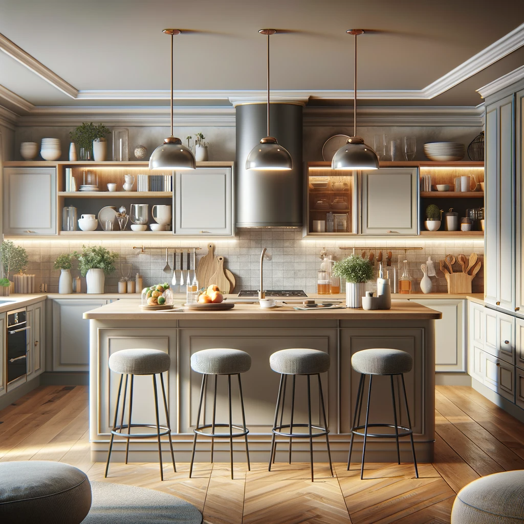 AI generated breakfast bar worktops, illustrating the blend of functionality and aesthetic elegance these features bring to contemporary kitchen spaces