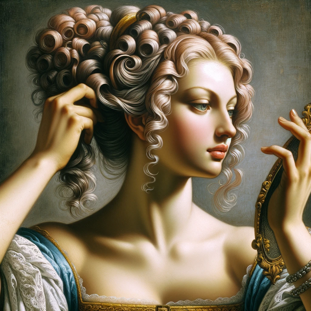 DALL·E An Italian Renaissance-style painting depicting a woman trying on a wig.